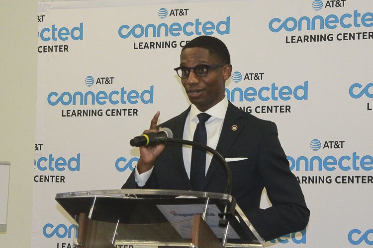 Cleveland Mayor Justin Bibb speaking at the opening of the Connected Learning Center at Esperanza